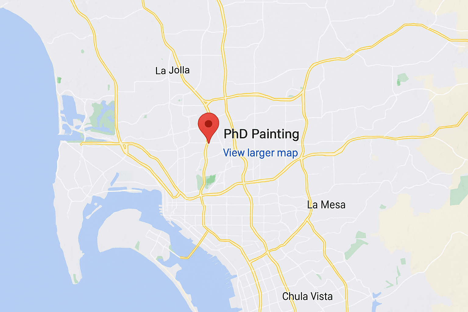Google Map showing location of PhD Painting in San Diego, near La Jolla, La Mesa, and Chula Vista.