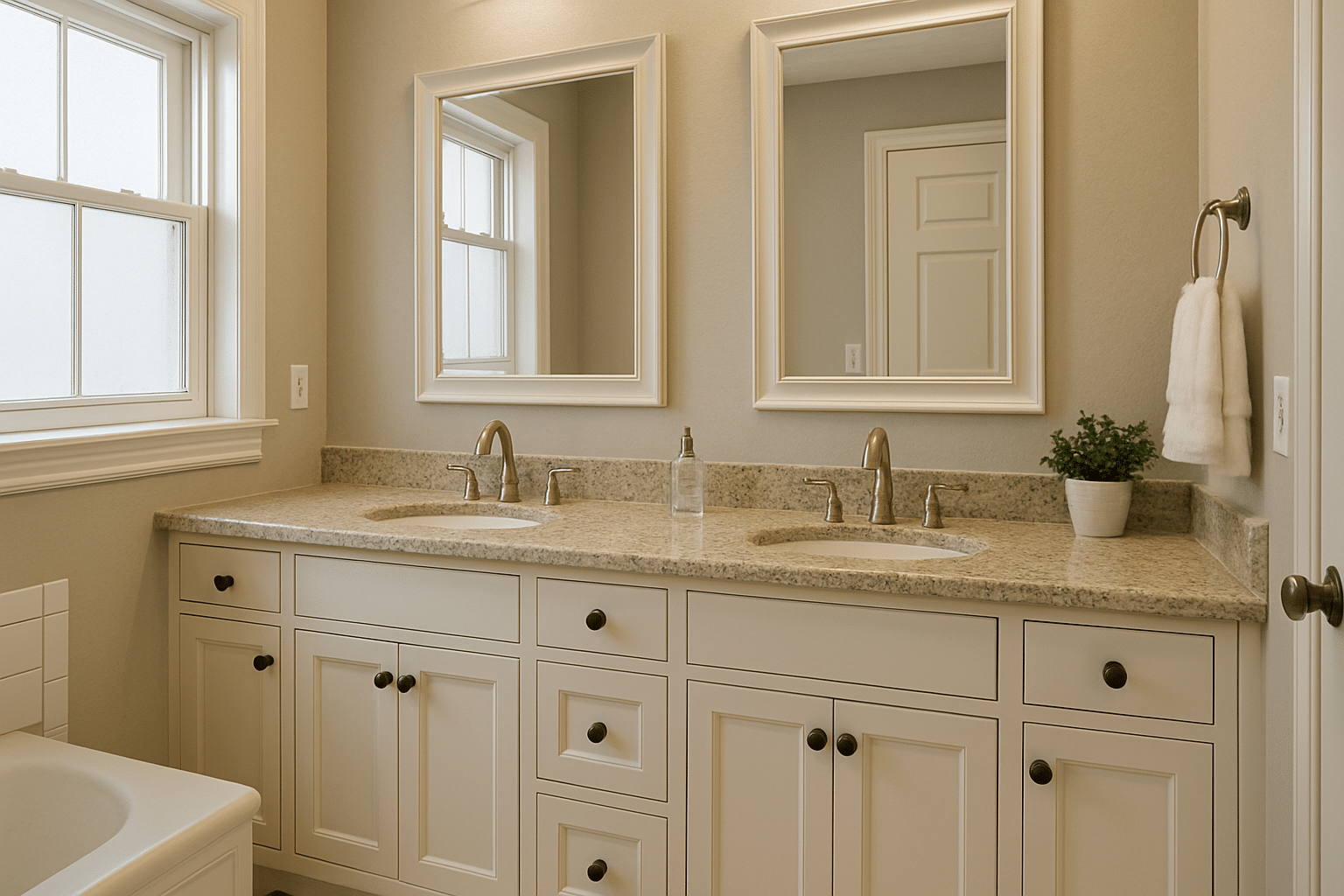 Beige bathroom cabinets with granite countertop and two mirrors.
