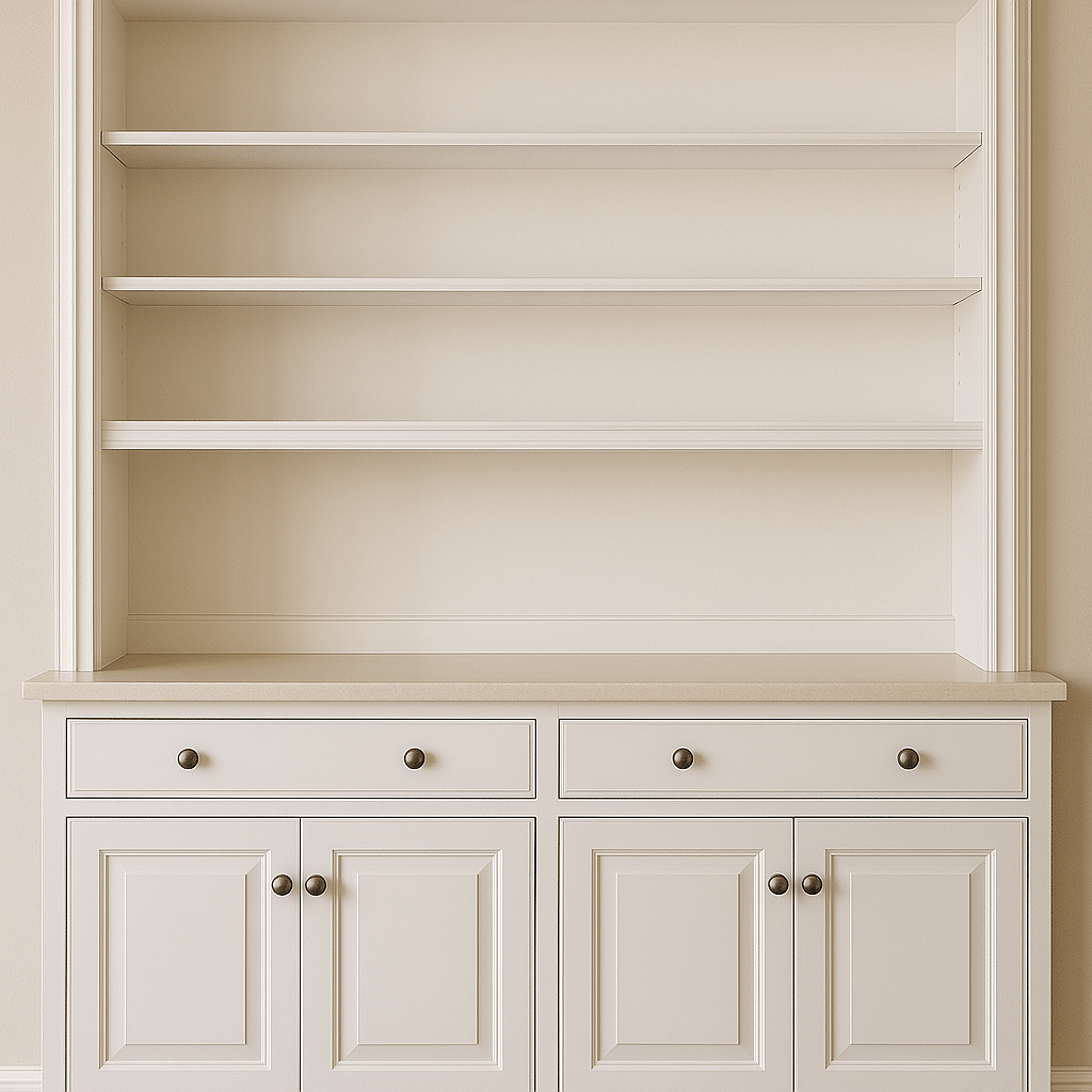 Custom built-in cabinets and open shelves in a living room.