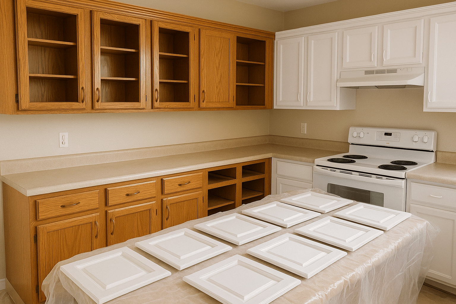 Kitchen cabinets being painted, with cabinet doors removed and laid out.