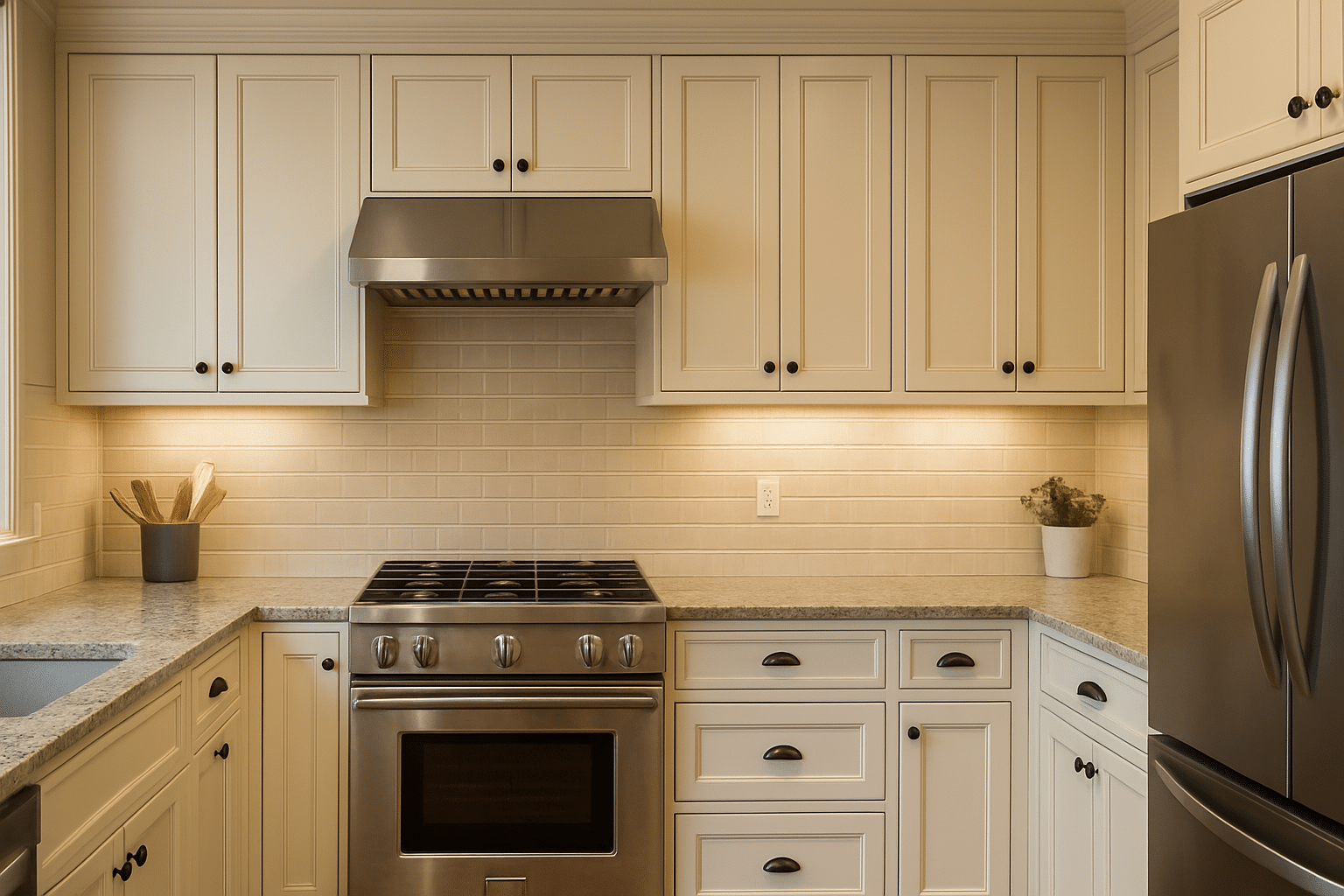 Light colored kitchen cabinets with granite countertop and stainless steel appliances.