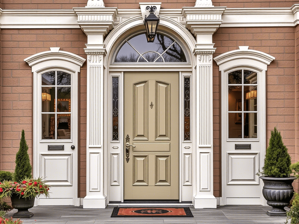 Beige painted front door with white trim and decorative glass.
