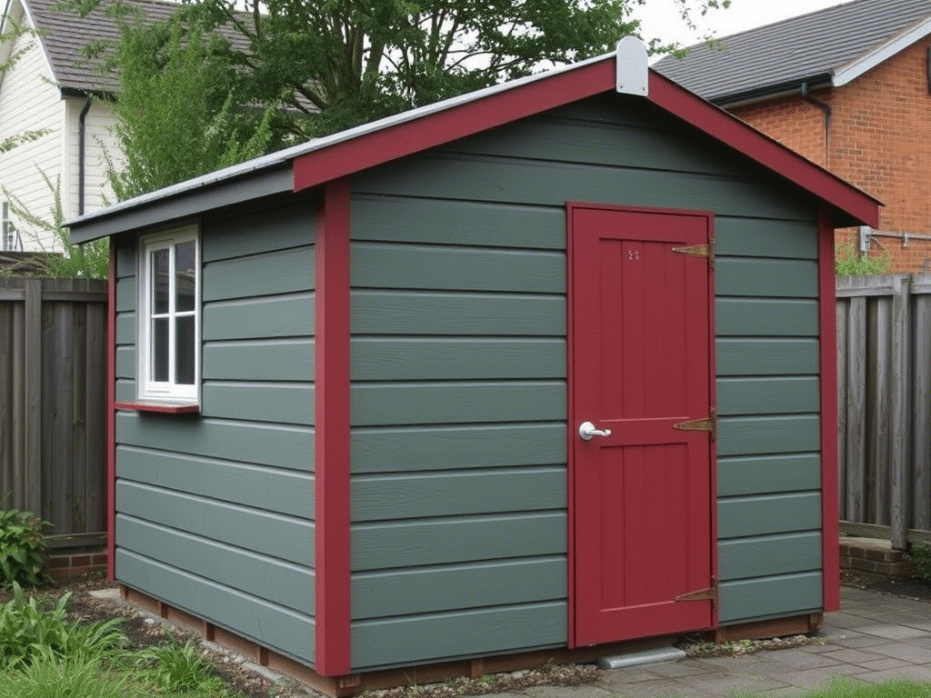 Backyard storage shed with green siding, red door, and window.