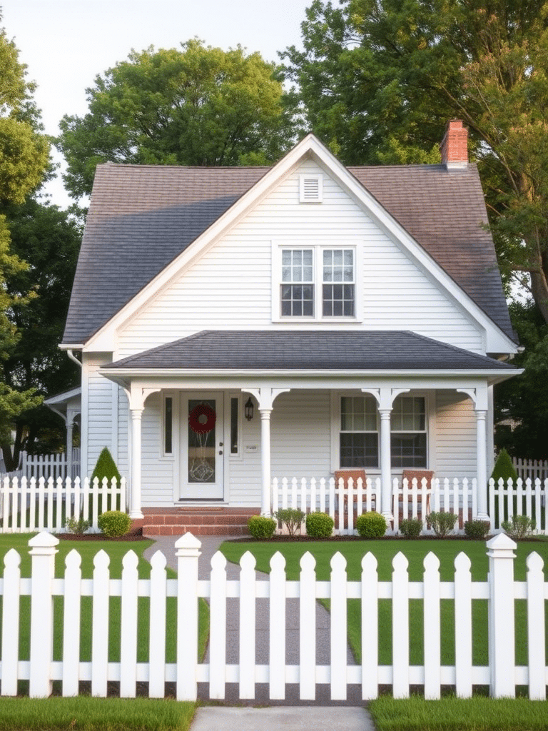 Exterior view of a white house and picket fence, recently painted.