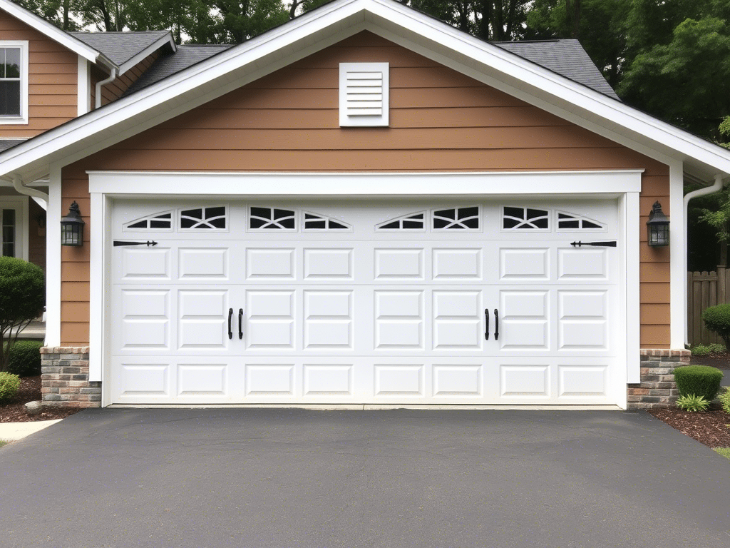 Exterior of a house with a white double garage door and decorative windows.