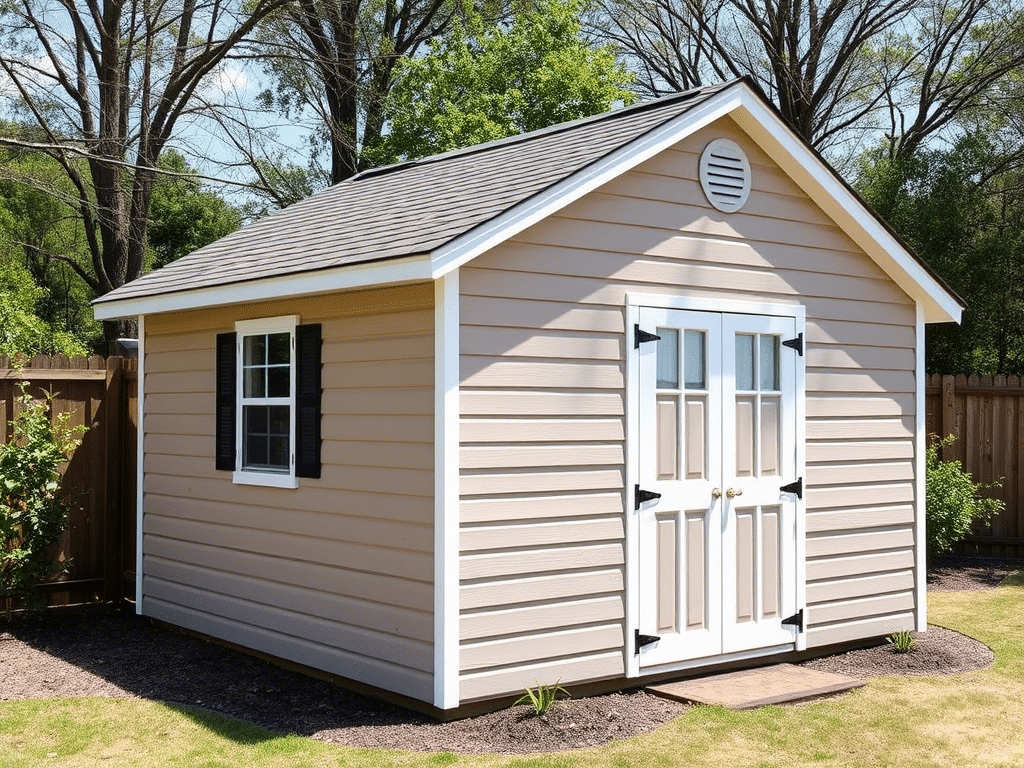 Exterior view of a shed for painting or maintenance.