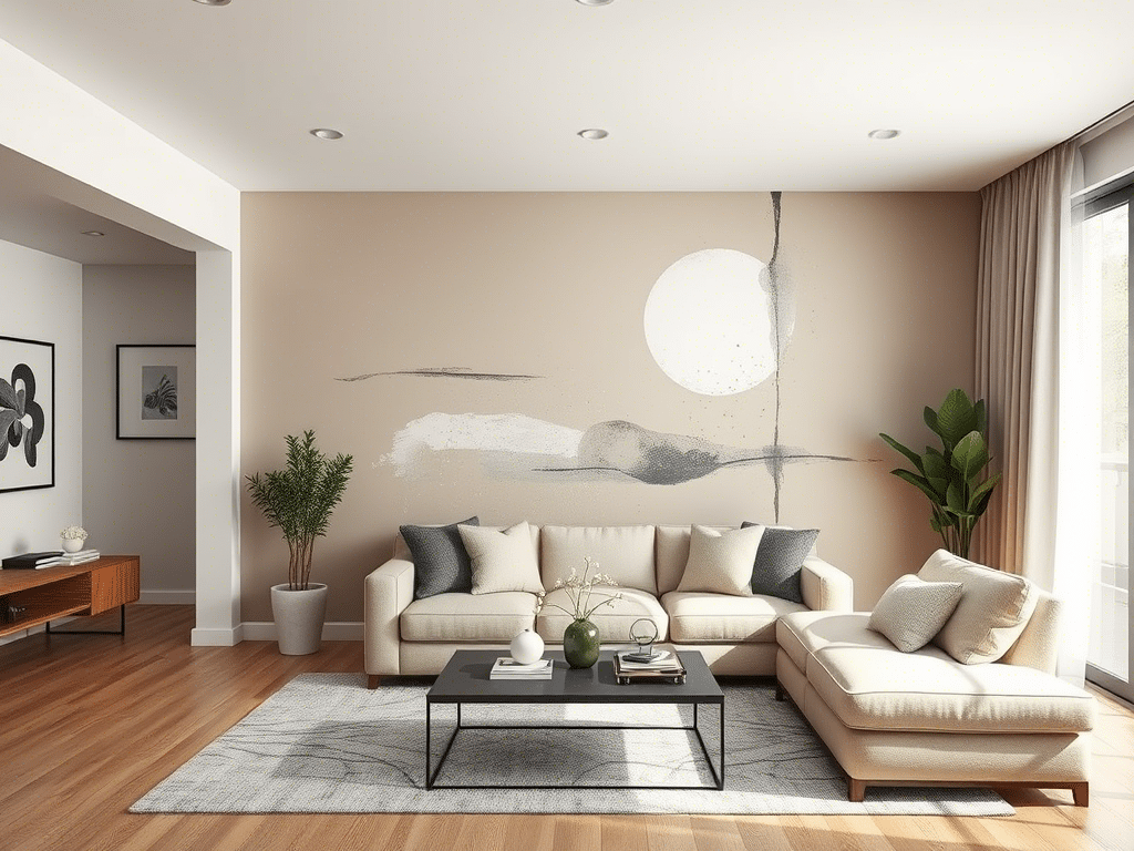 Abstract mural accent wall in a living room with organic shapes and muted colors.