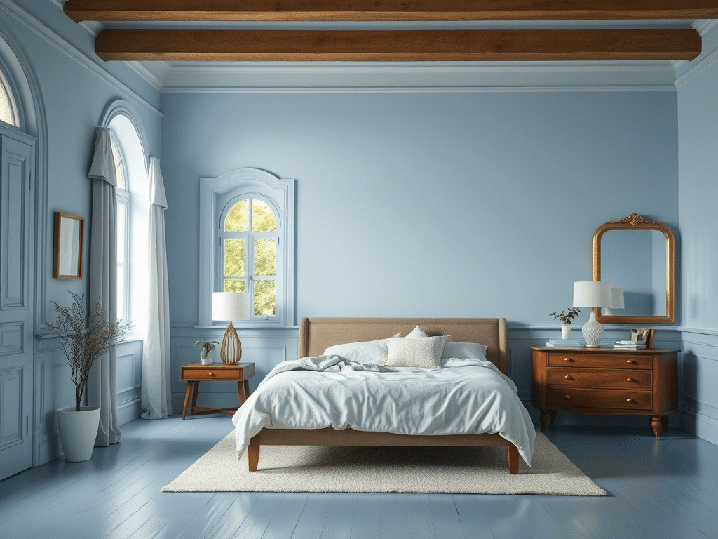Elegant bedroom with soft blue walls, wooden ceiling beams, and classic decor professionally painted by PhD Painting.