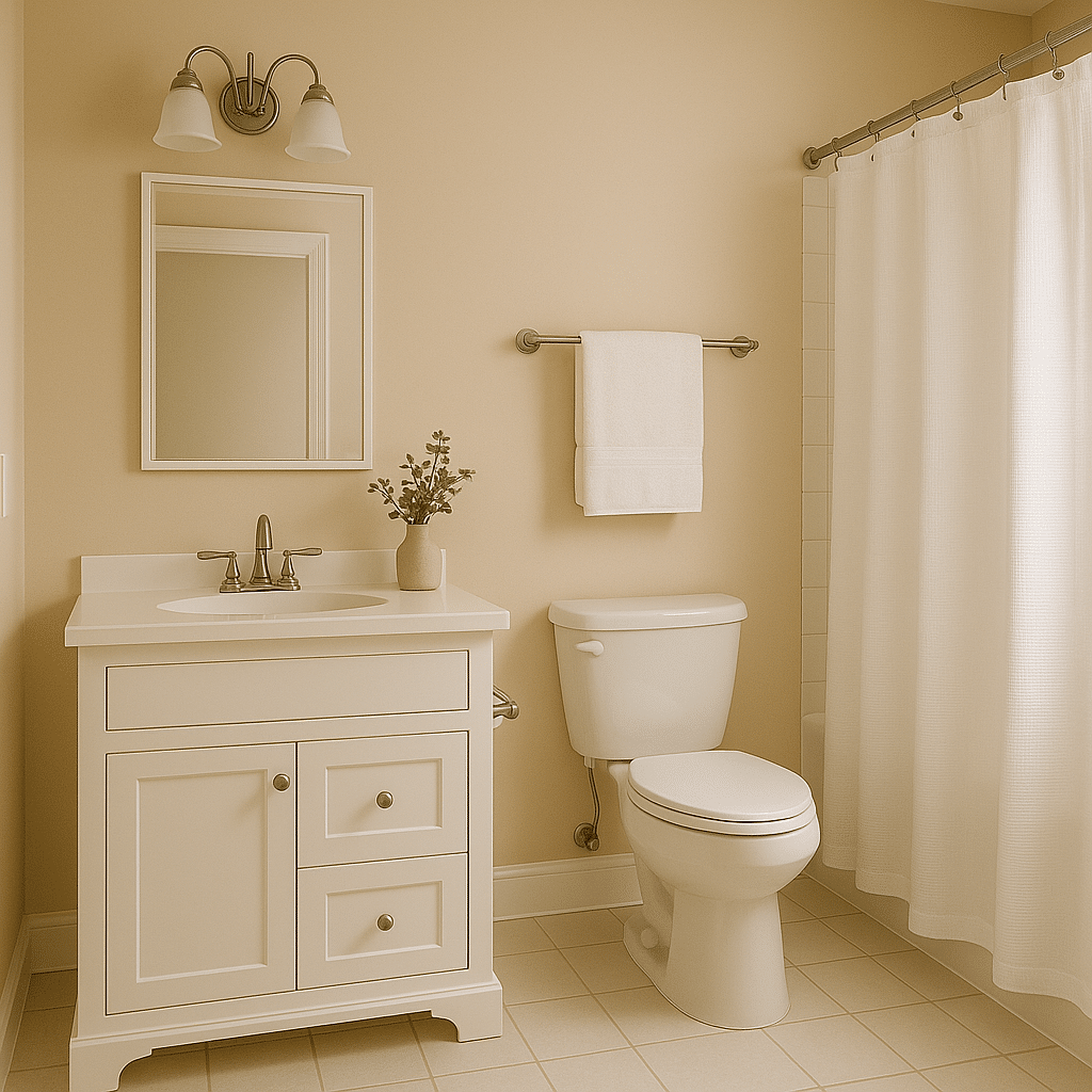 Bathroom vanity area, showcasing potential for painting or renovation.