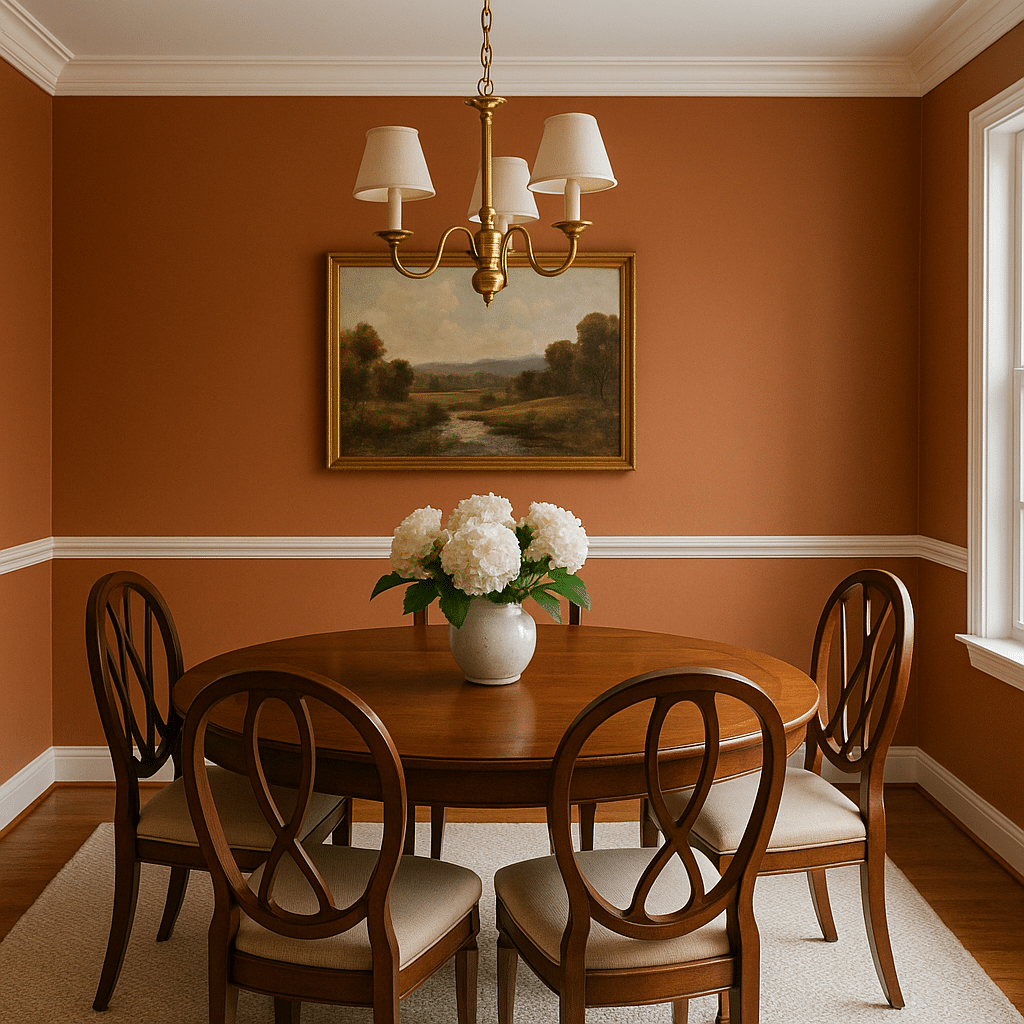 Warm dining room with terracotta painted walls, white trim, wooden round table and chairs, chandelier, and floral centerpiece – PhD Painting dining room project.