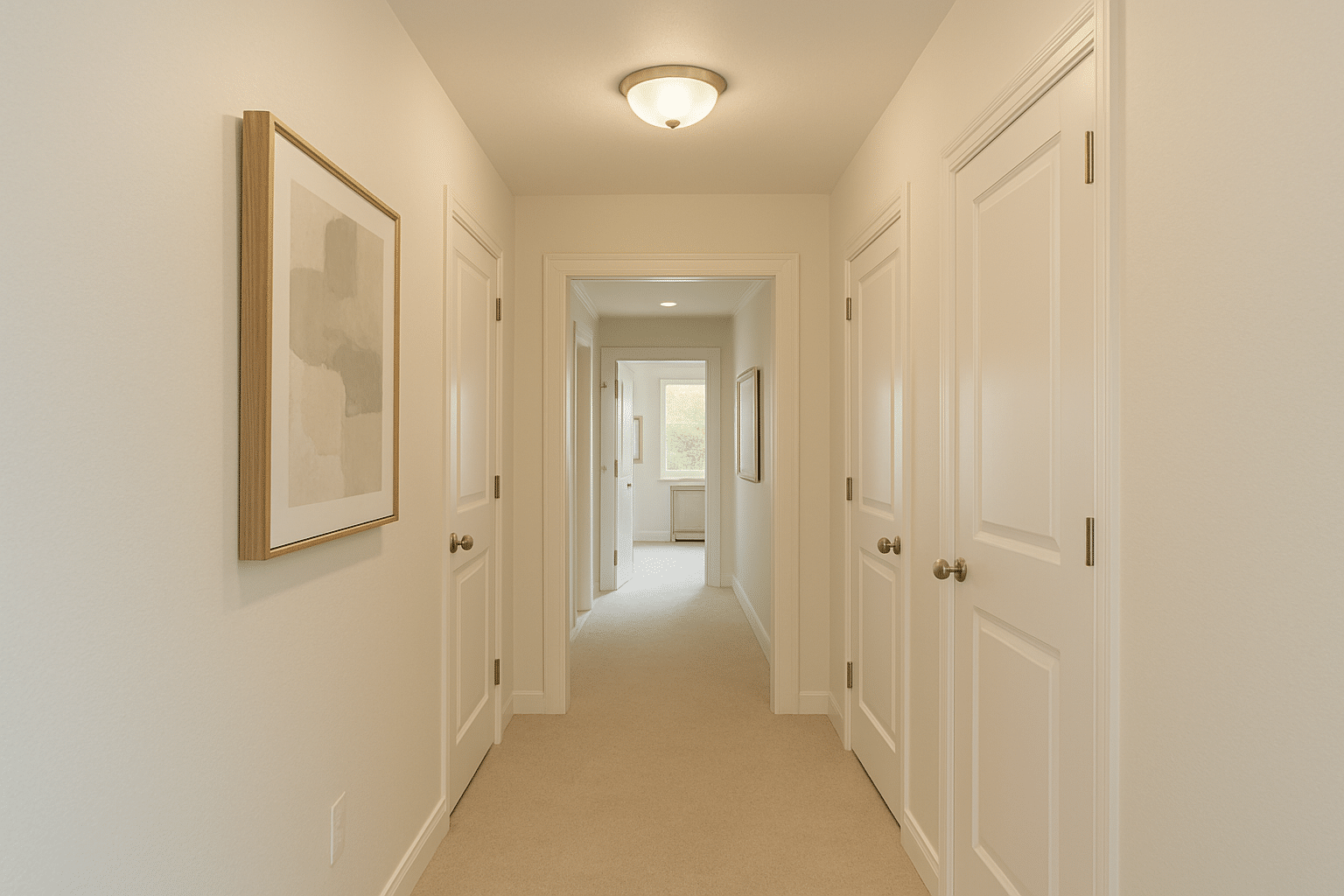 Neutral-toned hallway with freshly painted cream walls, white trim, and flush-mount ceiling light – interior hallway painting by PhD Painting.