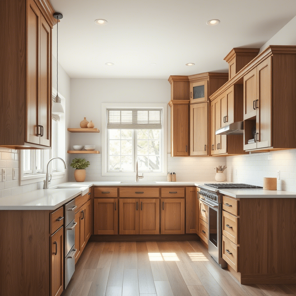 Kitchen with natural wood cabinets and white subway tile backsplash.