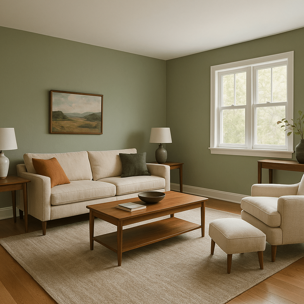 Cozy living room with sage green painted walls, natural light from double windows, and beige modern furniture – interior painting by PhD Painting.