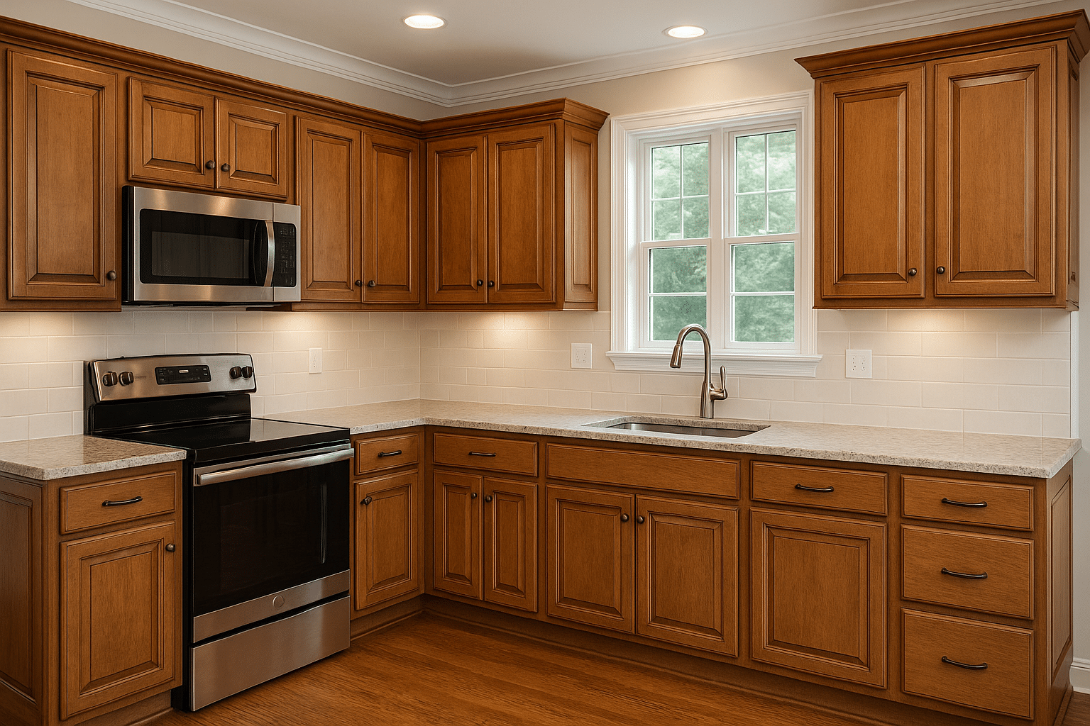 Kitchen with older wooden cabinets, showing potential for refinishing or painting.
