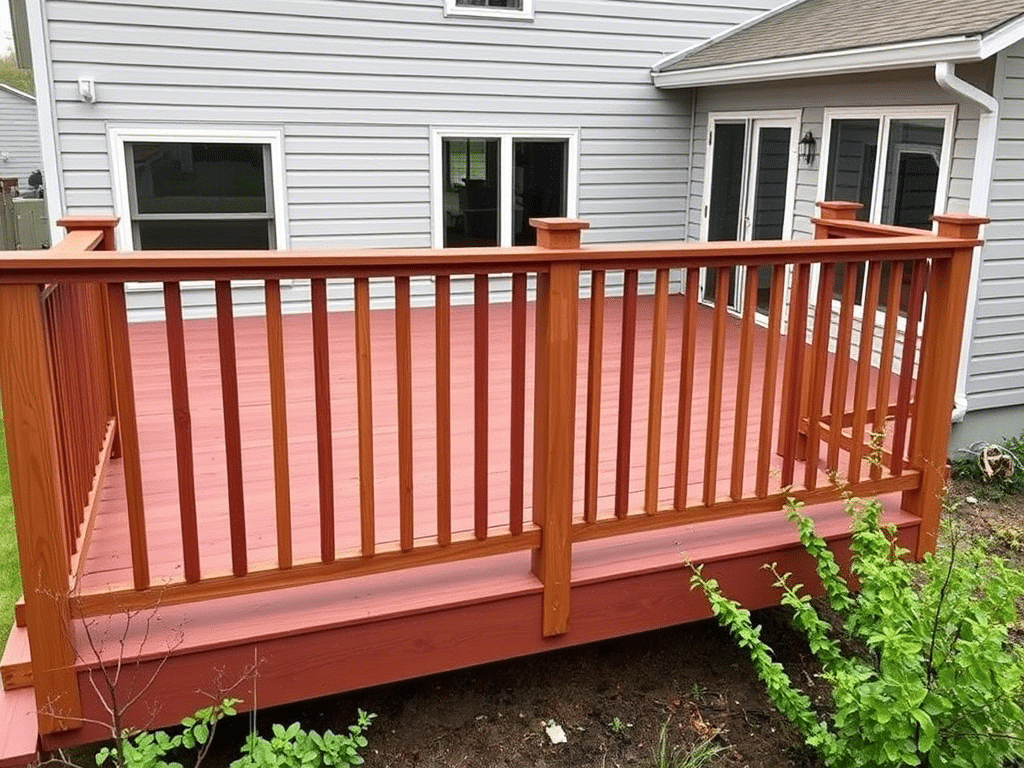 Outdoor wooden deck with fresh reddish-brown stain, attached to a house with gray siding.